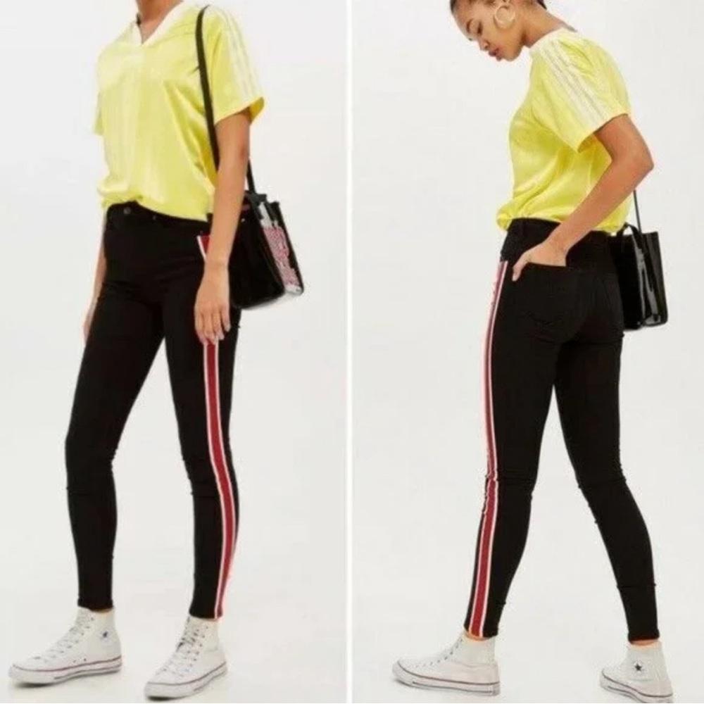 TopShop Moto Jaime High Rise Red Stripe Jeans in Black Stretch Womens Size 28